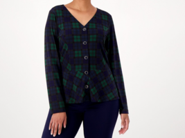 Susan Graver Printed Liquid Knit Button Front Peplum Top- Ink/Emerald, SZ Small - £20.67 GBP