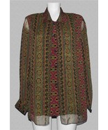 WONMOA Bohemian Dark Print Front Sheer Mesh Overlay Panels Button Blouse... - $36.75 CAD