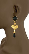 4&quot; Long Enameled Cascade Hearts Black Enamel Rhinestones Pierced Earrings - £13.33 GBP