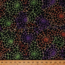 Cotton Multicolored Spider Webs on Black Halloween Fabric Print by Yard D510.59 - £9.58 GBP