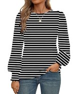 Women Striped Long Sleeve Shirt Trendy Crewneck Loose Bubble Sleeves Bla... - $238.40 MXN
