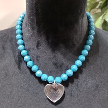 Women&#39;s Fashion Blue Turquoise Stone Beaded Big Heart Pendant Necklace - £20.39 GBP