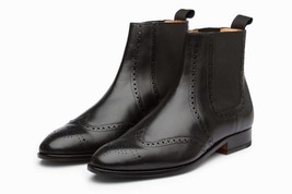 Black Wing Tip Genuine Leather Handmade High Ankle Chelsea Magnificiant Boots - £127.88 GBP+