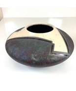 Vintage Artist Signed Raku Studio Art Vase Geometric Metallic 9” Diameter - $725.40 MXN