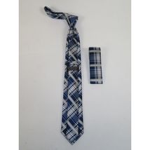 Mens Narrow Tie/Hankie Set Microfiber Silky Vito Rofolo VTR-92 Blue White Plaid image 2