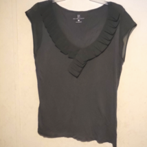 NY &amp; C Lightweight Sheer Sleeve Ruffle Neck Lightweight Blouse sz L Charcoal - £7.78 GBP