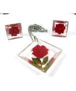 LUCITE Red ROSE NECKLACE &amp; EARRINGS Vintage Set Screw Back Silvertone Ch... - $31.67