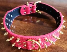 Teemerryca ~ Red &amp; Gold Wide Dog Collar ~ Spike Studded ~ Leather ~ Large Breed - £17.93 GBP