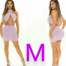 Purple Lilac Sexy Two Piece Open Front Halter Top &amp; Skirt Set    Size M - £21.41 GBP