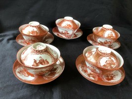5 x Antique Japanese Hirado eggshell  tea cup and saucer with lid 1870-90 - $475.00