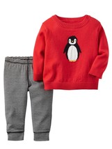 Carters Infant Boys 2-Piece Red Penguin Sweater &amp; Striped Pant Set - £13.80 GBP