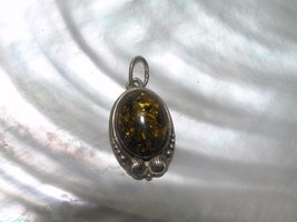 Estate Oval Domed Green Amber in 925 Ei Marked Carved Silver Frame Penda... - $23.26
