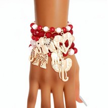 5Pcs Mixed Red White Pearl Gold Plated Bead Elephant Charms Stretch Bracelet Set - £96.02 GBP