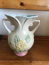 Vintage Hull USA Marked Cream w Yellow &amp; Pink Rose Double Handled Pottery Vase w - £22.12 GBP