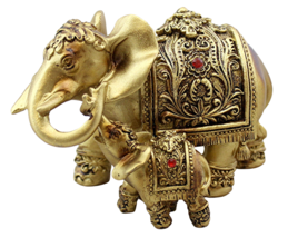 Mother Elephant With Calf Figurine Faux Gold Finished Poly Resin Feng Shui All O - £8.59 GBP