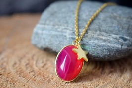 Banded pink agate gold oval necklace with star charm for women, Stone necklace w - £26.99 GBP