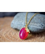 Banded pink agate gold oval necklace with star charm for women, Stone ne... - £26.70 GBP