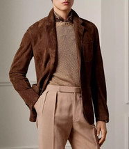 Stylish Brown Pure Suede Leather Blazer Men Coat Handmade Casual Formal Party - £95.95 GBP+