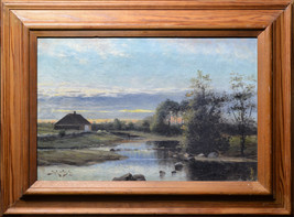 Evening Twilight on River 1899 Scandinavian Oil Painting on Canvas Signed Framed - £267.55 GBP