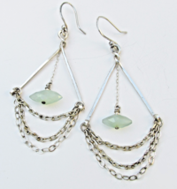 Large Vintage Triple Chain &amp; Green Crystal Dangle 3" long Earrings - $23.75