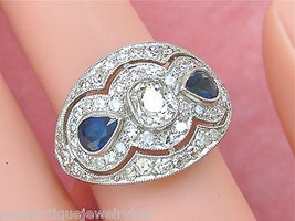 Estate Art Deco 1.85ctw Cushion Diamond 2 Pear Sapphires Platinum Cocktail Ring - £3,370.41 GBP