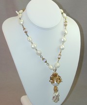 Amazing Vintage Faux Baroque Pearl AB Crystal Bead Lavalier Necklace Ornate - £22.56 GBP