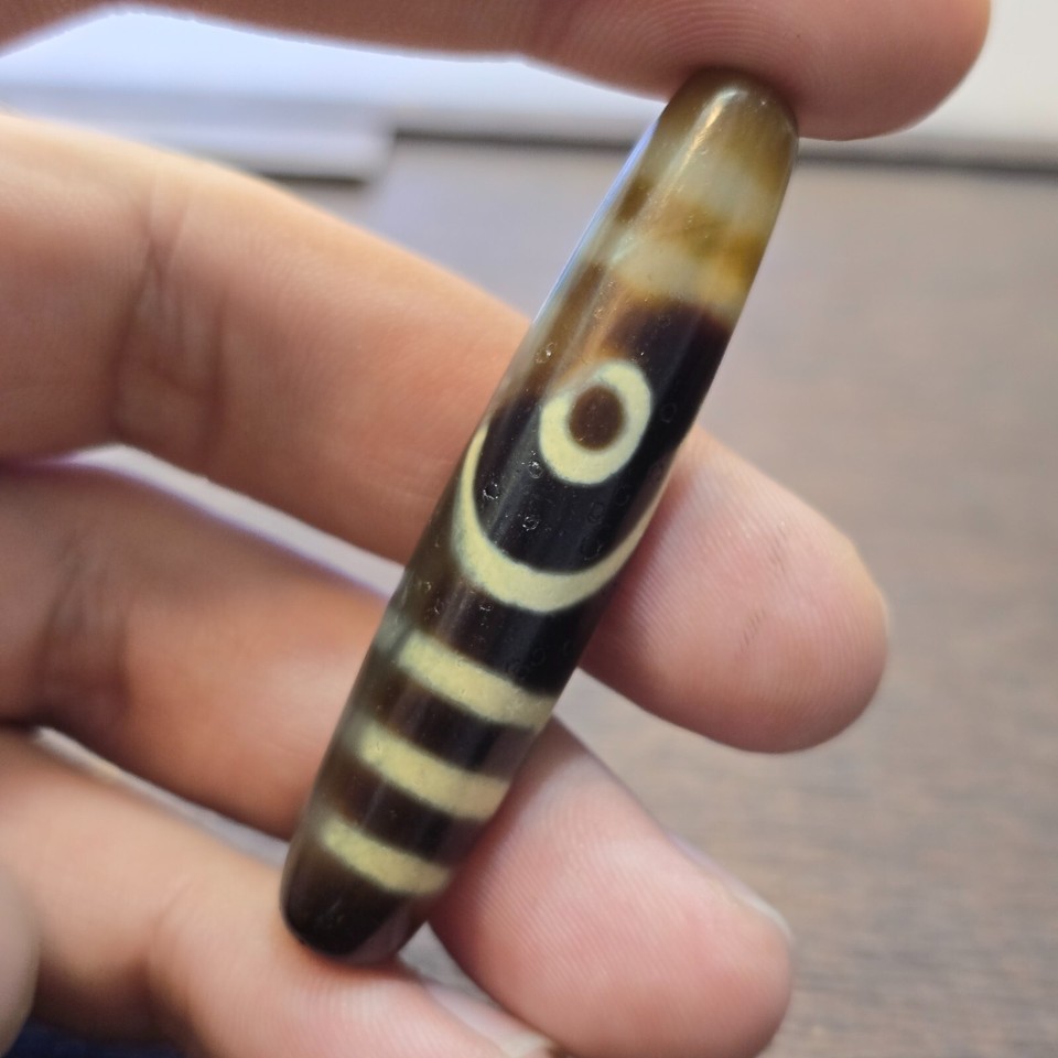 S4 Vintage Old Tibetan 2 Eyes 5 Stripes Agate stone Dzi Bead big Amulet - $73.60