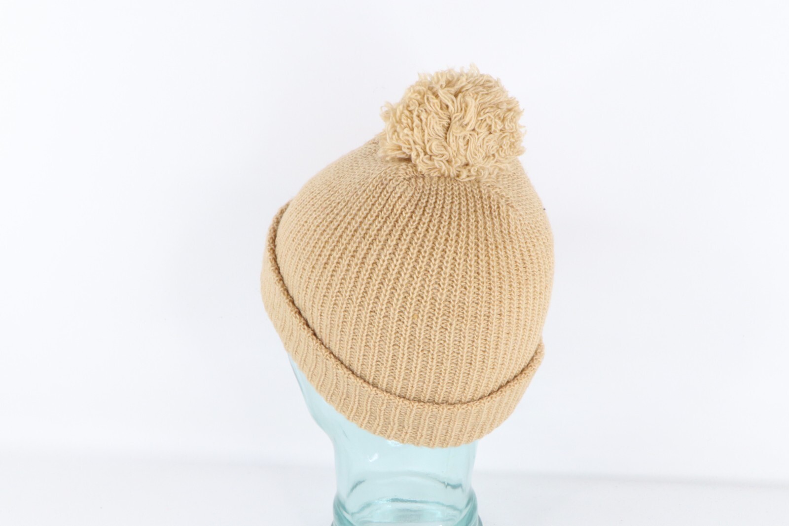 NOS Vintage 90s Streetwear Blank Ribbed Knit Pom Winter Beanie Hat Tan Womens Item image 3