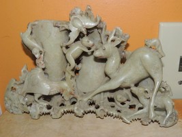Soapstone 5.5&quot;x9&quot; Vase / Pen Holder Carved Relief deer monkey rooster ba... - €77,03 EUR