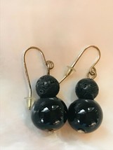 Estate Smooth Black Round Glass &amp; Rustic Plastic Bead Dangle Earrings for Pierce - £6.80 GBP