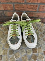 G By Guess White Leather Sneakers Size 9 GG Mallory Green Glitter Lace Up Shoes - £26.08 GBP