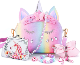 Unicorn Purse for Little Girls, 7Pcs Cute Kids Purse Crossbody Bags with Kids Dr - £28.67 GBP