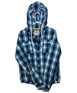 Mens Blue &amp; White Plaid Hollister, Large Button Down Hoodie With Pockets - $39.27