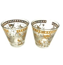 2 Vintage Rocks Double Old Fashioned Lowball Glasses Gold Dancing People... - £21.82 GBP