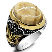 New Fashion Punk Retro Men&#39;s Ring Natural Gold Tiger Eye Stone 925 Sterling Silv - £55.66 GBP