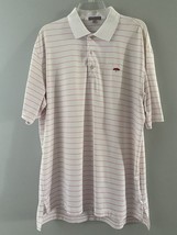 Peter Millar Polo Shirt Men&#39;s Large White with Pink Stripes Summer Comfort FLAWS - £13.08 GBP