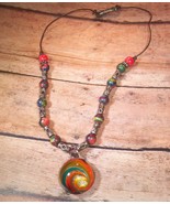 Necklace Cord Bead Multi Color w Glass Pendant Hook Eye Closure Handmade... - £11.79 GBP