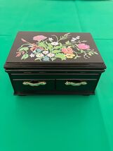 Small black floral motif plastic with mirror vintage jewelry trinket box - $19.75