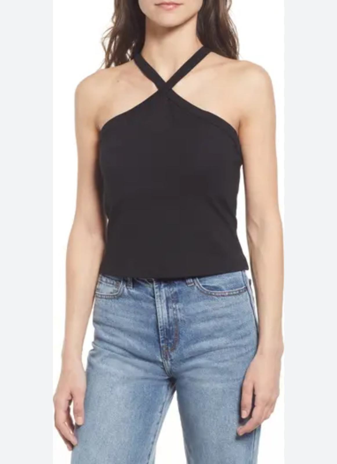 Primary image for French Connection Women's Black Halter Neck Jersey Top Built In Shelf Bra XL NWT