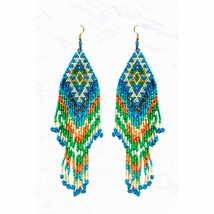 Aztec Pattern Seed Bead Fringe Tassel Statement Earrings Turquoise - £11.61 GBP