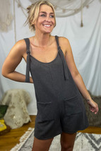 Dark Grey Striped Print Knotted Straps Pocketed Romper - $258.13 MXN