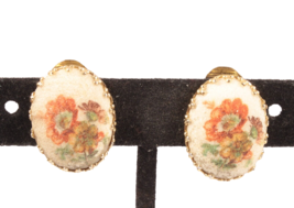 Oval Clip On Earrings with Painted Flowers Vintage Germany - £6.88 GBP