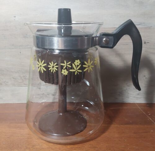 Vintage Pyrex Cory 6 Cup Percolator Carafe Yellow Flowers Brown Lid Handle - $60.44
