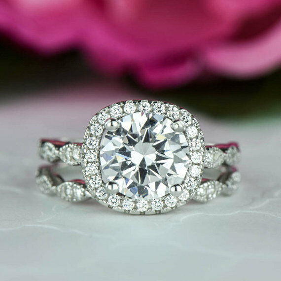 2.90Ct Cushion White Cut Diamond Solid 925 Sterling Silver Engagement Ring Set