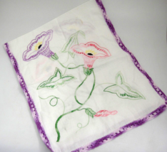 Vintage Hand Embroidered Dresser Scarf Pink Purple Flowers Crocheted Edge - £7.49 GBP