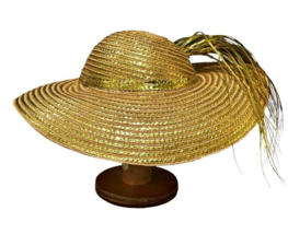 Vintage Jack McConnell Gold Straw Sun Hat w Box Woven Shiny Metallic Derby Day - £110.96 GBP