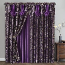 Purple Curtains 84 Window Drapes 2 Panels With Valance Living Room Gold Floral - £40.89 GBP