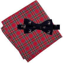 TOMMY HILFIGER Black Reindeer Self Bow Tie Royal Stewart Pocket Square Set - £19.53 GBP