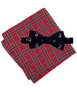 TOMMY HILFIGER Black Reindeer Self Bow Tie Royal Stewart Pocket Square Set - £19.65 GBP