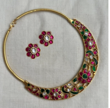 Indian Gold Plated Bollywood Ruby 925 Silver Hasli Jadau Necklace Jewelry Set - £1,294.20 GBP